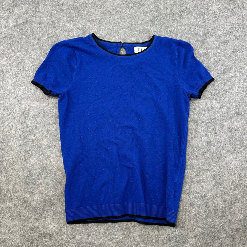 Elle Knit Top Womens XS Blue Polka Dot Short Sleeve Rayon Blend Keyhole Back